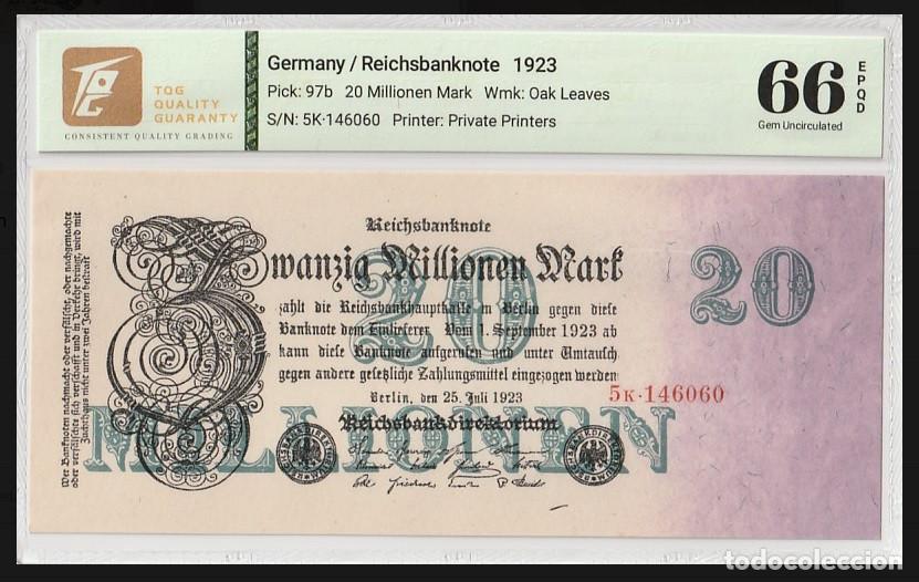 Notas Internacionais: Alemania 20 Millones de Marcos 1923 (25 junio) Wmk Oak Leaves TQG 66 GEM UNC Lote 2531