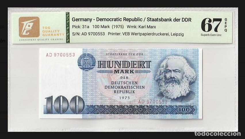 Banconote internazionali: Alemania &ndash; 100 Marcos 1975 Wmk; Karl Marx &ndash; Certificado TQG 67 Superb GEM UNC Lote 2530