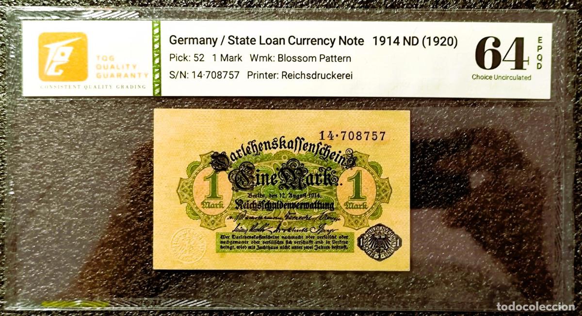 Billetes extranjeros: Alemania 1 Marco 1914 ND (1920) (12 agosto) Wmk; Blossom Pattern TQG 64 Choice UNC Lote 2473