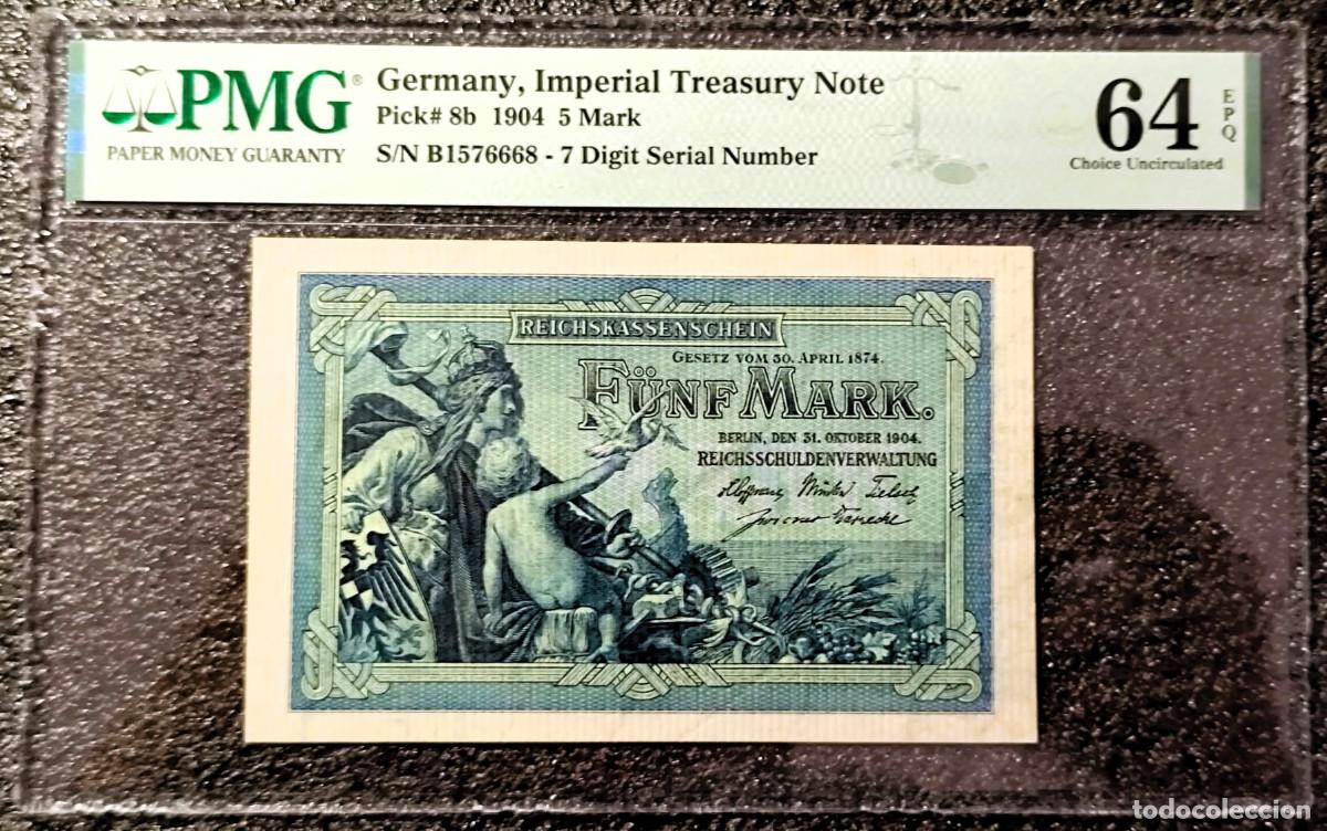 Billetes extranjeros: Alemania 5 Marcos 1904 (31 octubre) Billete del Tesoro Imperial Pick 8b PMG 64 UNC Lote 2476