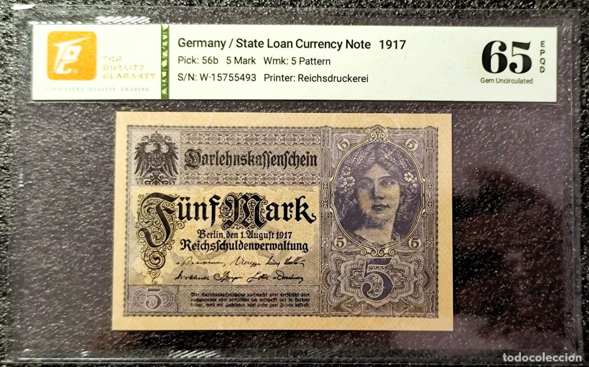 Banconote internazionali: Alemania &ndash; 5 Marcos 1917 (1 agosto) &ndash; Wmk; 5 Pattern &ndash; Certificado TQG 65 GEM UNC Lote 2474
