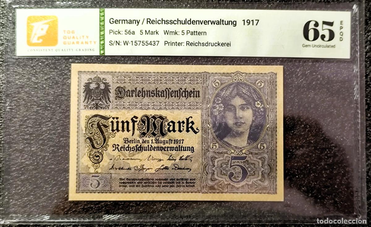 Banconote internazionali: Alemania &ndash; 5 Marcos 1917 (1 agosto) &ndash; Wmk; 5 Pattern &ndash; Certificado TQG 65 GEM UNC Lote 2475