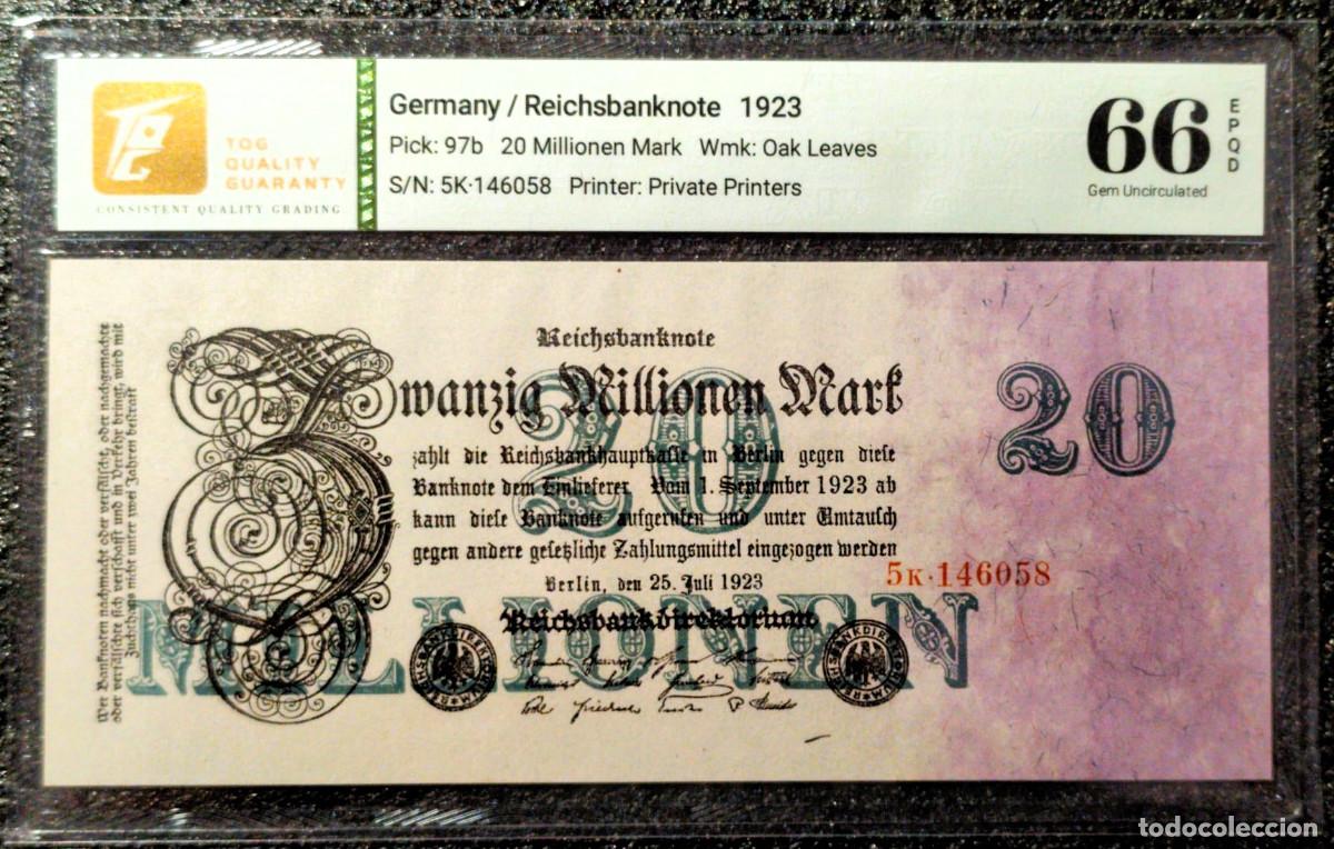 Banconote internazionali: Alemania 20 Millones de Marcos 1923 (25 junio) Wmk Oak Leaves Certificado TQG 66 GEM UNC Lote 2472