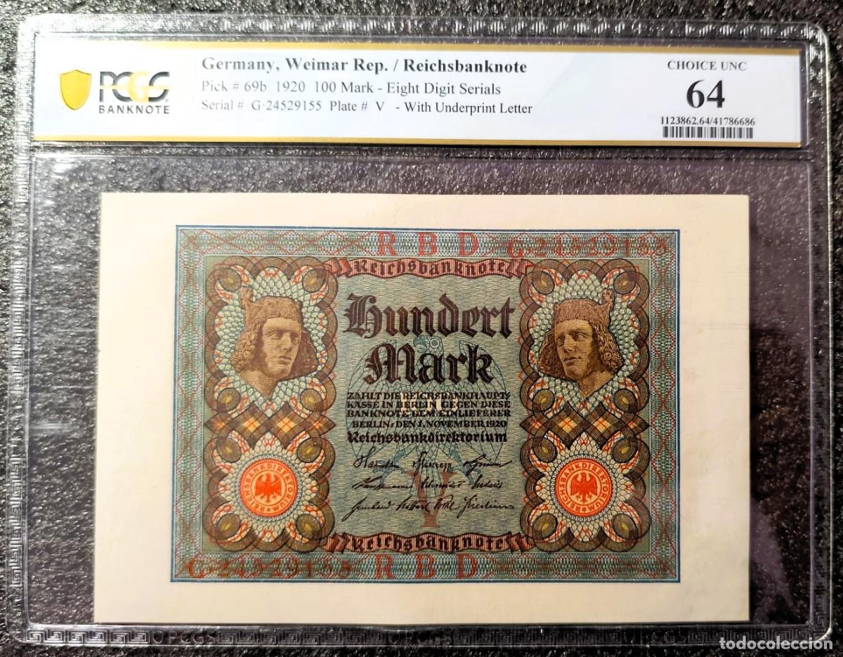 Banconote internazionali: 100 Marcos 1920 (1 noviembre) Billete del Reichsbank Pick 69b PCGS 64 Choice UNC Lote 2478