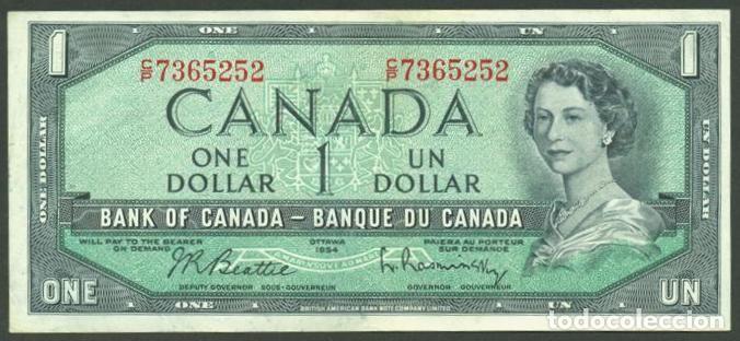 Billetes extranjeros: CANADA. 1 dolar 1954 (1961-72). Pick 75b. Beattie - Rasminsky. Impresora BABNC