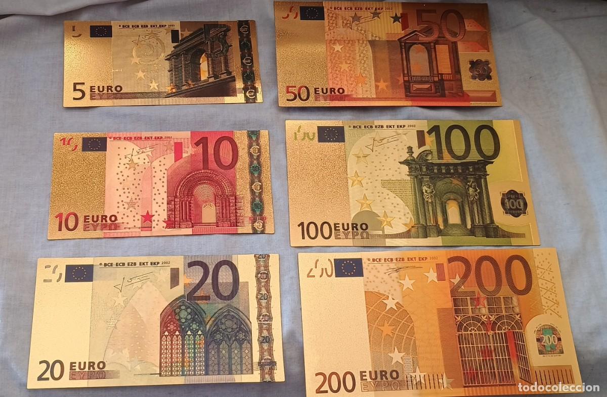 Banconote internazionali: LOTE DE 7 BILLETES DE EUROS CON ACABADO EN ORO 99,9% CON CERTIFICADO