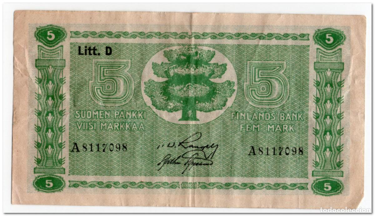 Billetes extranjeros: FINLAND,5 MARKAA,1939 (1942-45) P.69,aVF