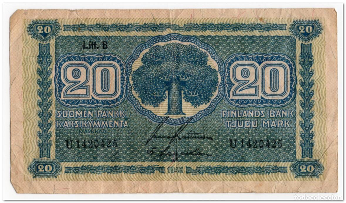 Billetes extranjeros: FINLAND,20 MARKKAA,1945 ( 1948) P.86,F-VF
