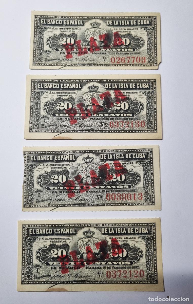 Billetes extranjeros: 4 BILLETES DEL BANCO ESPA&Ntilde;OL DE LA ISLA DE CUBA 20 CENTAVOS 1897 CERTIFICADO PLATA.