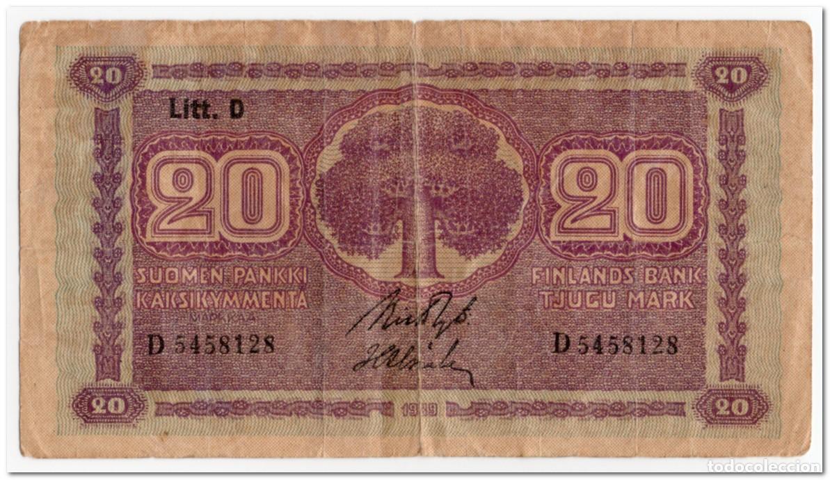Billetes extranjeros: FINLAND,20 MARKKAA,1939 (1939 - 45) P.71a,FINE