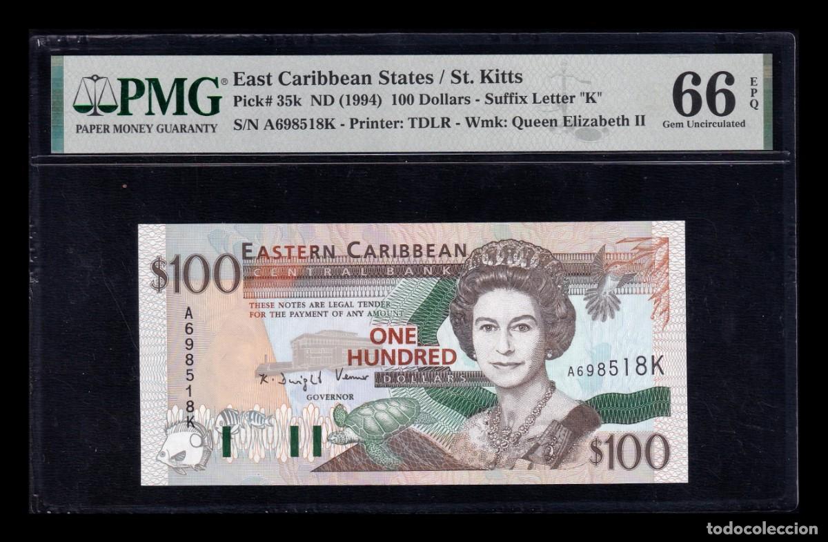 Billetes extranjeros: Estados del Caribe St. Kitts 100 D&oacute;lares Elizabeth II 1994 Pick 35k PMG 66 EPQ Sc Unc