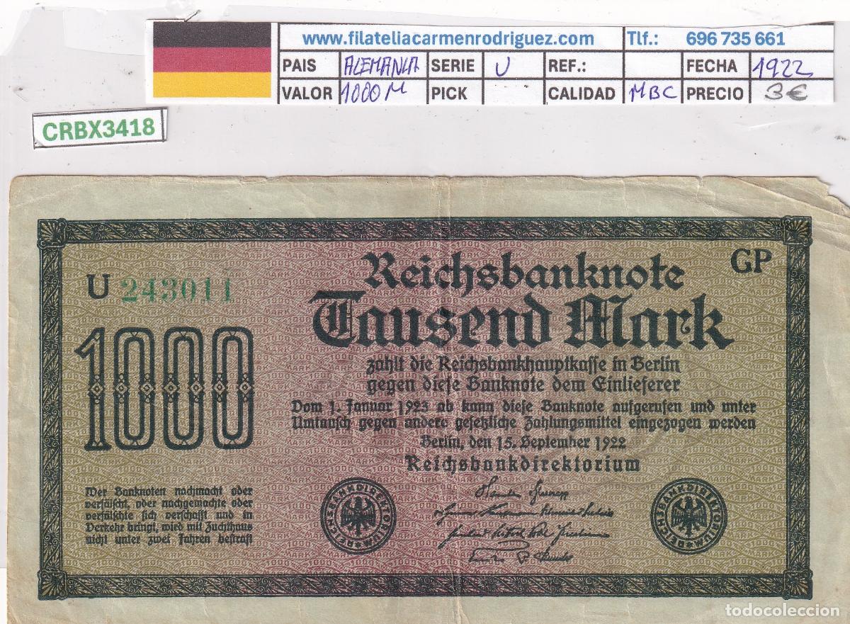 Billetes extranjeros: CRBX3418 BILLETE ALEMANIA 1000 MARCOS 1922 SERIE U MBC