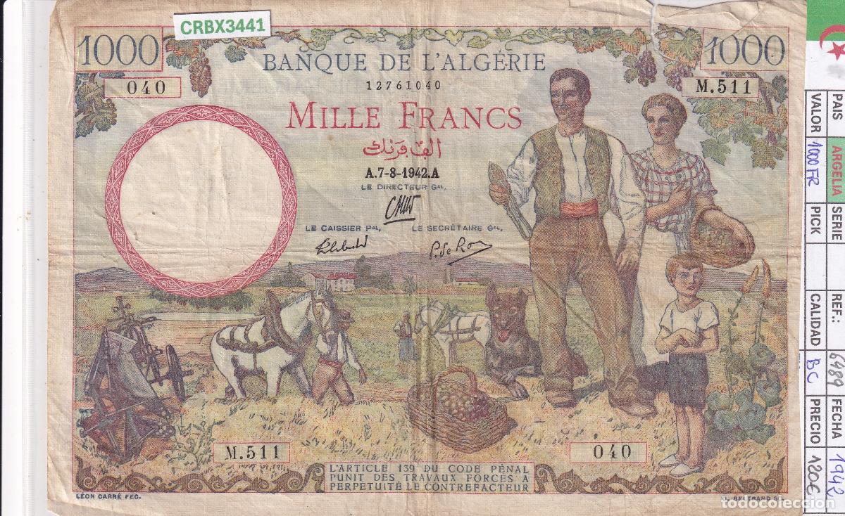 Billetes extranjeros: CRBX3441 BILLETE ARGELIA 1000 FRANCOS 1942 SERIE M BC