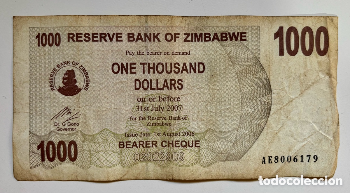 Billetes extranjeros: Billete ZIMBABWE 1000 Dolares 2006-2007 . Dollars