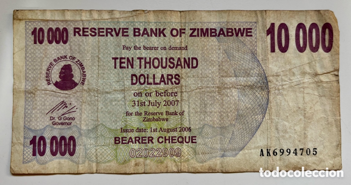 Billetes extranjeros: Billete ZIMBABWE 10000 Dolares 2006/2007. Tinta