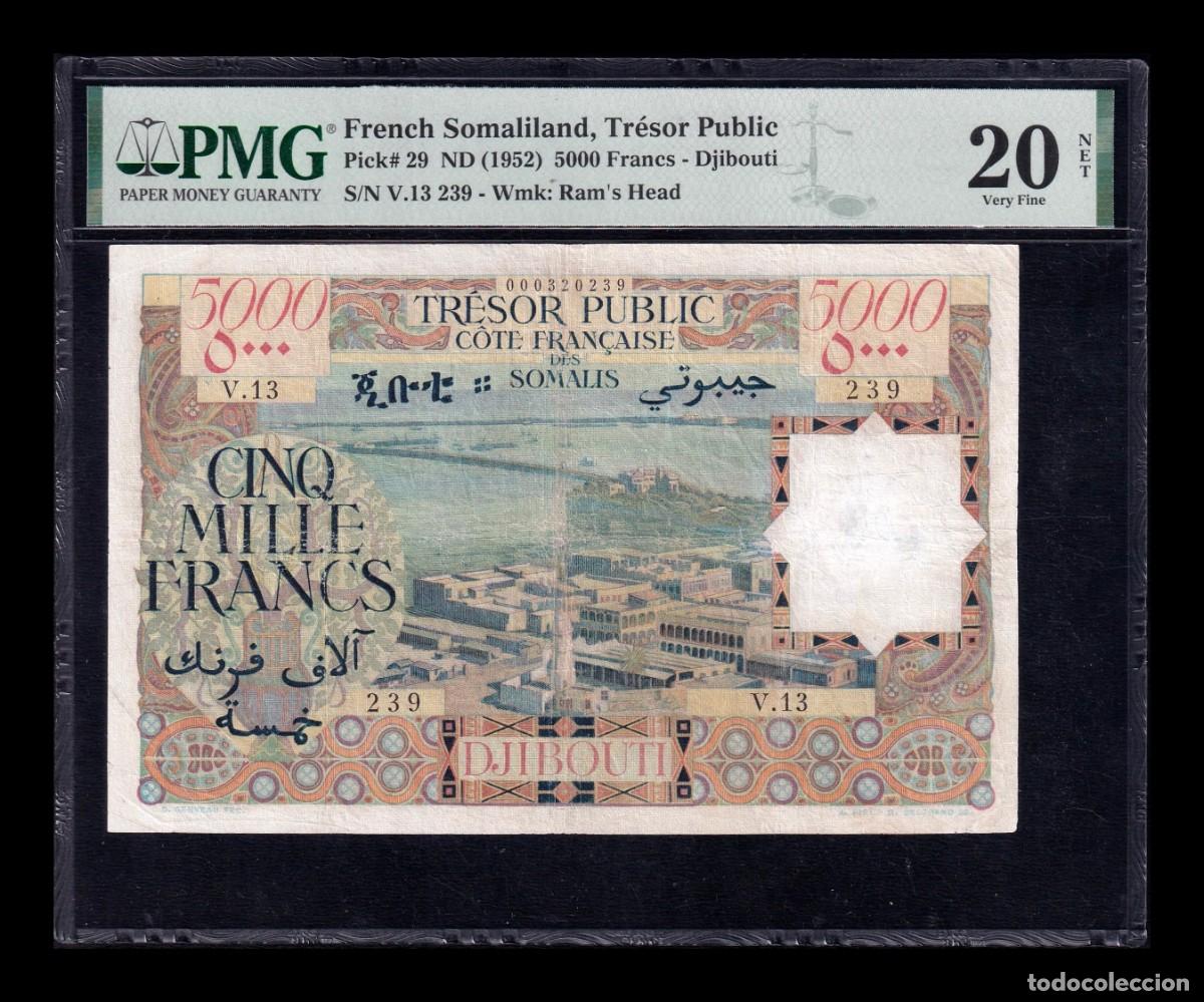 Billetes extranjeros: Costa Somal&iacute; Francesa Djibouti 5000 Francos 1952 Pick 29 PMG 20 NET Bc/Mbc F/Vf
