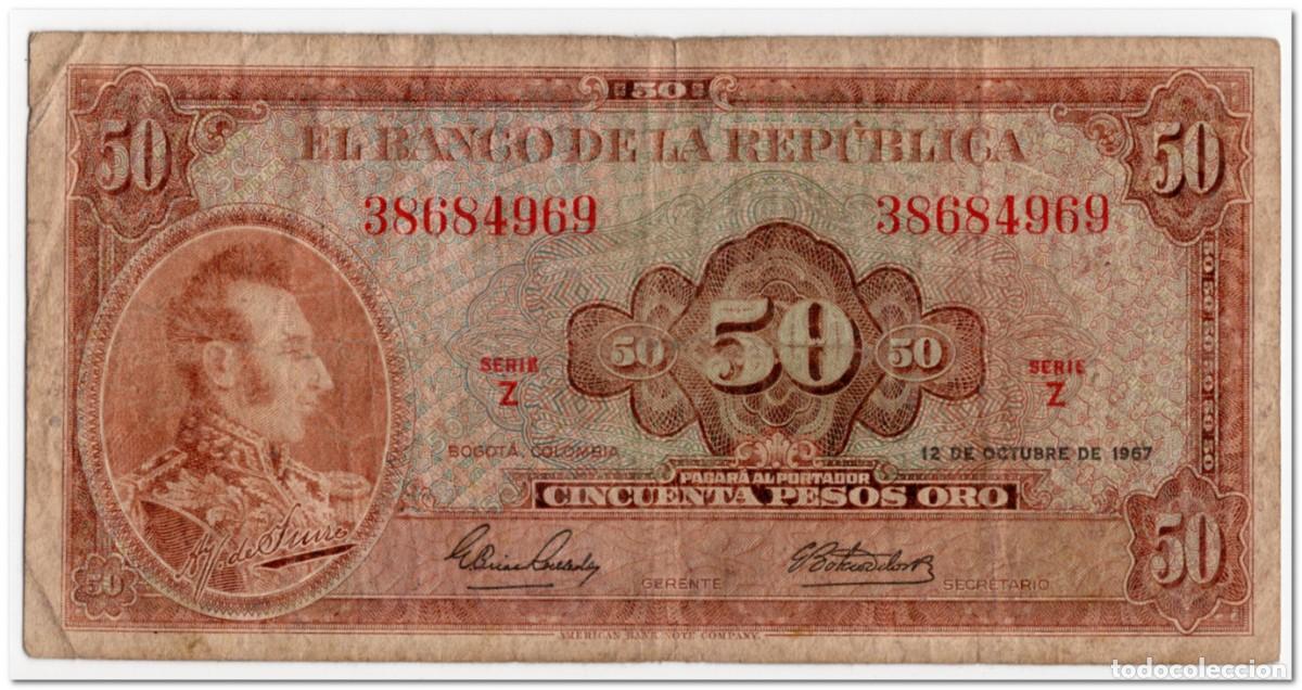 Billetes extranjeros: COLOMBIA,50 PESOS ORO,1967,P.402b,aF