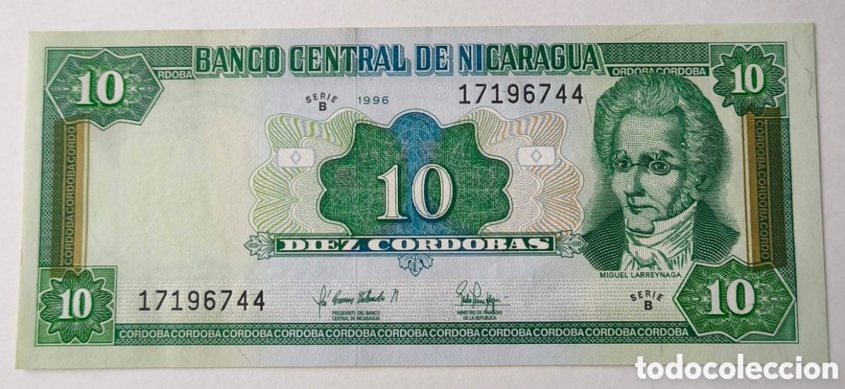 Billetes extranjeros: Nicaragua 10 C&oacute;rdobas Miguel de Larreynaga 1996 Pick 181 Serie B S/C