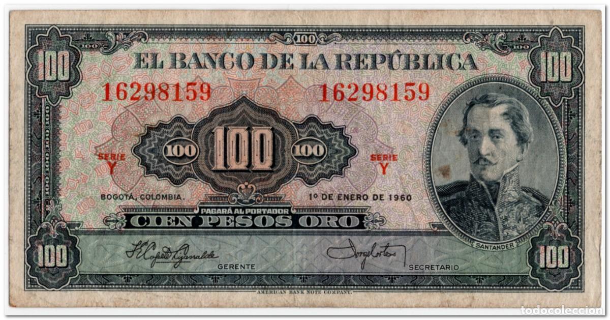 Billetes extranjeros: COLOMBIA,100 PESOS ORO,1960,P.403b,F-VF