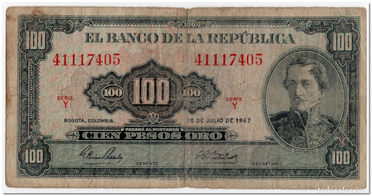 Billetes extranjeros: COLOMBIA,100 PESOS ORO,1967,P.403c,CIRCULATED