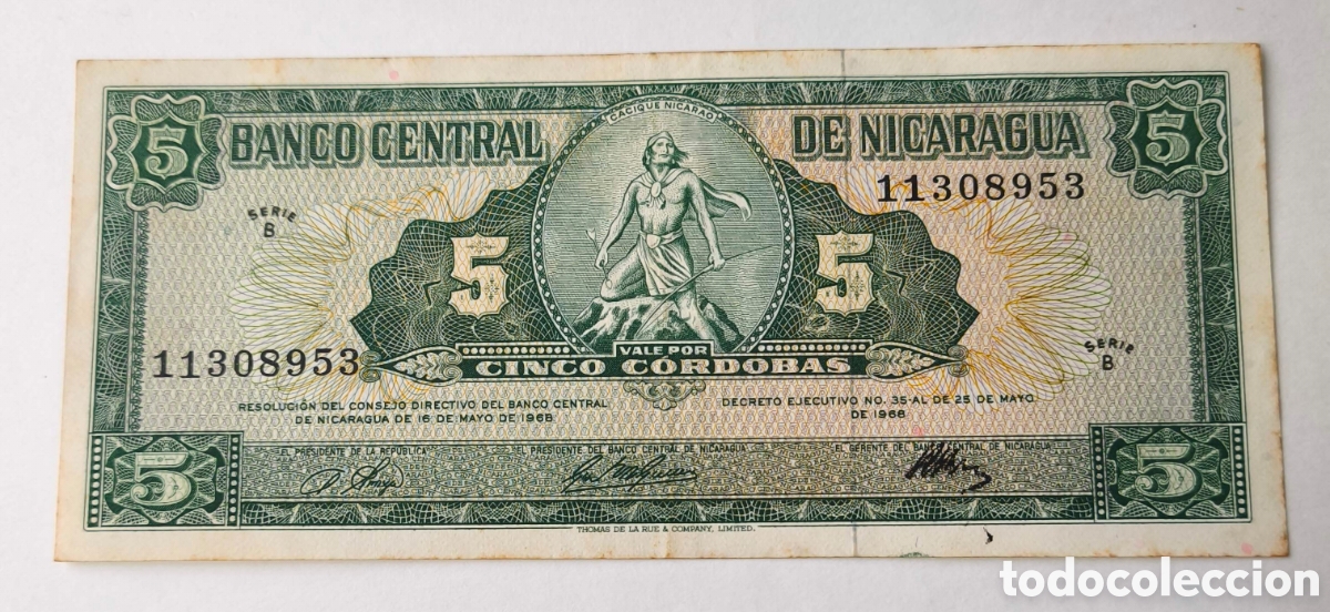 Billetes extranjeros: Nicaragua. 5 c&oacute;rdobas.1968. Diriangen. Pick 116. MBC
