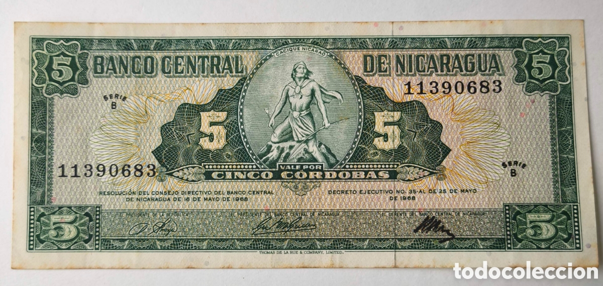 Billetes extranjeros: Nicaragua. 5 c&oacute;rdobas.1968. Diriangen. Pick 116. MBC
