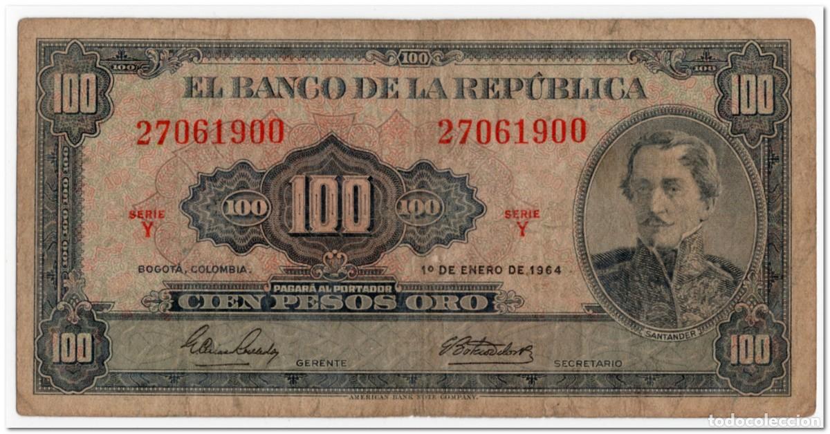 Billetes extranjeros: COLOMBIA,100 PESOS ORO,1964,P.403b,aF
