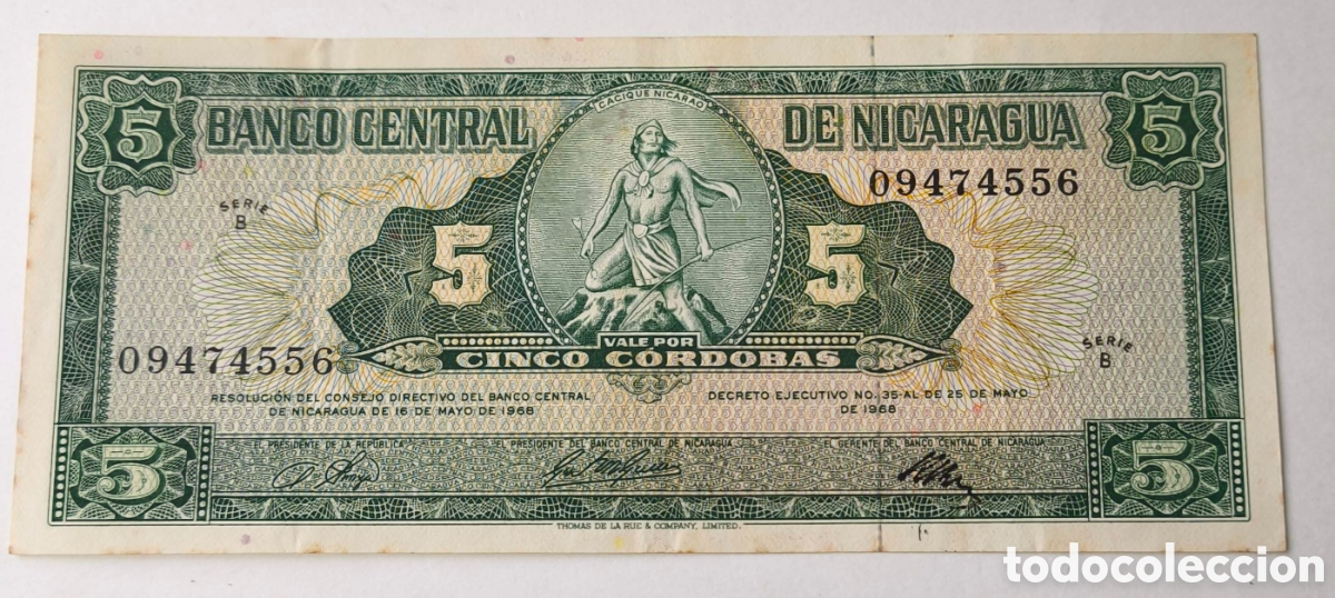 Billetes extranjeros: Nicaragua. 5 c&oacute;rdobas.1968. Diriangen. Pick 116. MBC