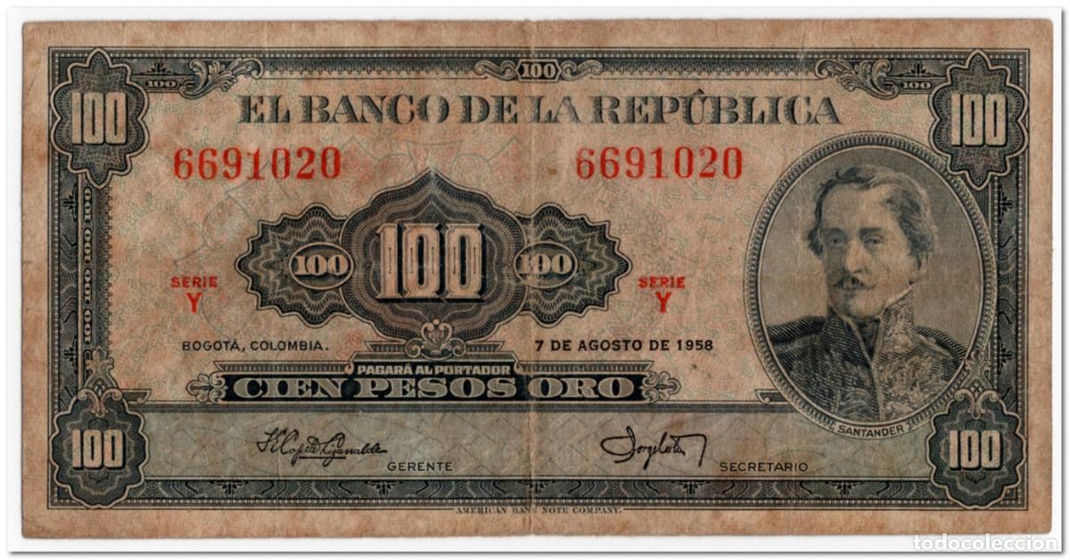 Billetes extranjeros: COLOMBIA,100 PESOS ORO,1958,P.403a,CIRCULATED