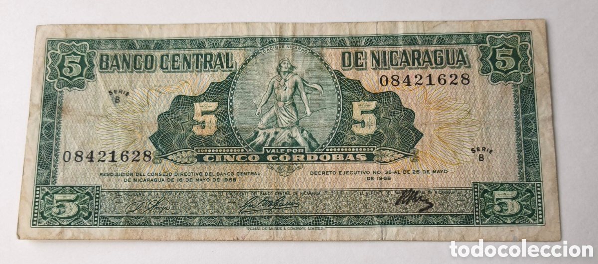 Billetes extranjeros: Nicaragua. 5 c&oacute;rdobas.1968. Diriangen. Pick 116. BC