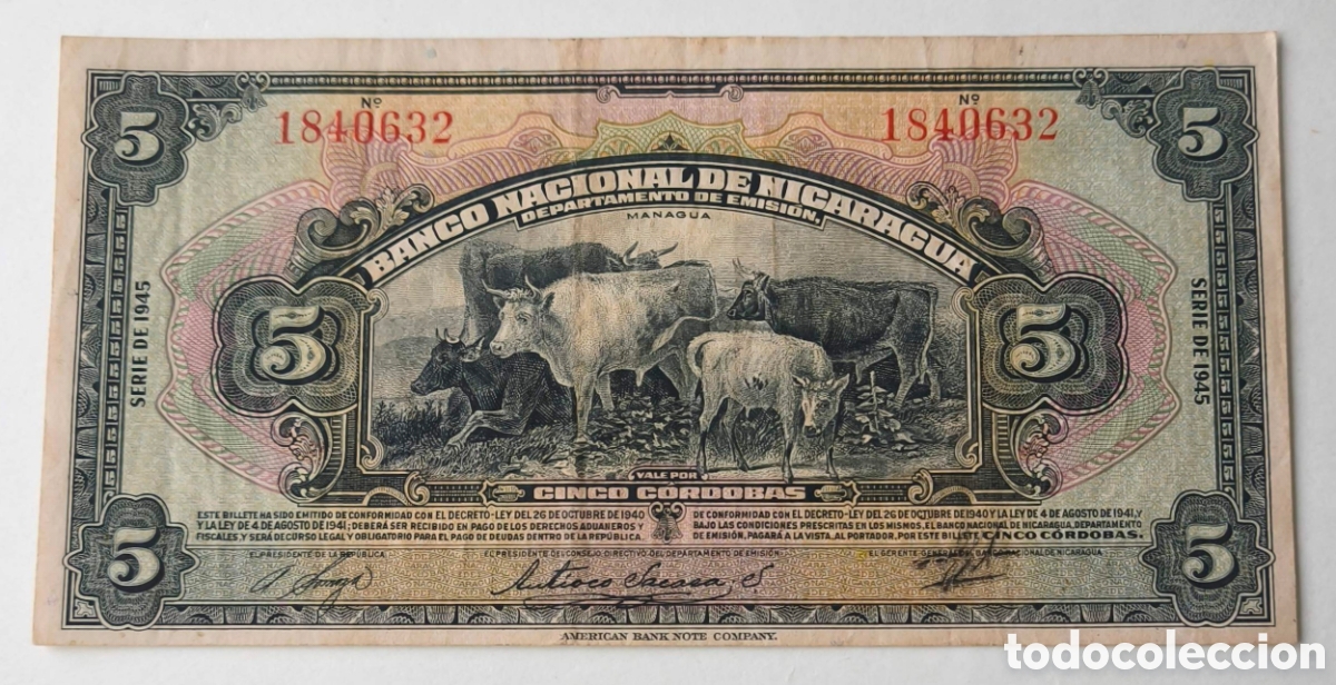 Billetes extranjeros: Nicaragua. 1945. 5 c&oacute;rdobas. BC