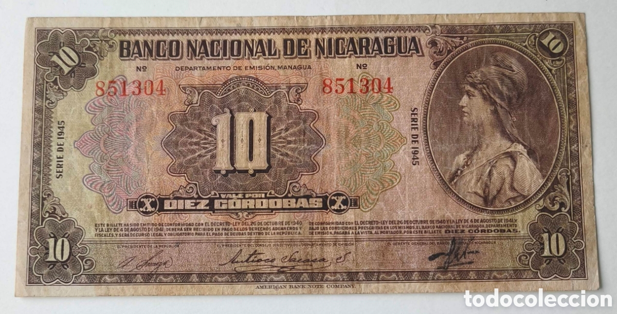 Billetes extranjeros: Nicaragua. 10 c&oacute;rdobas.1945. Pick 94. BC