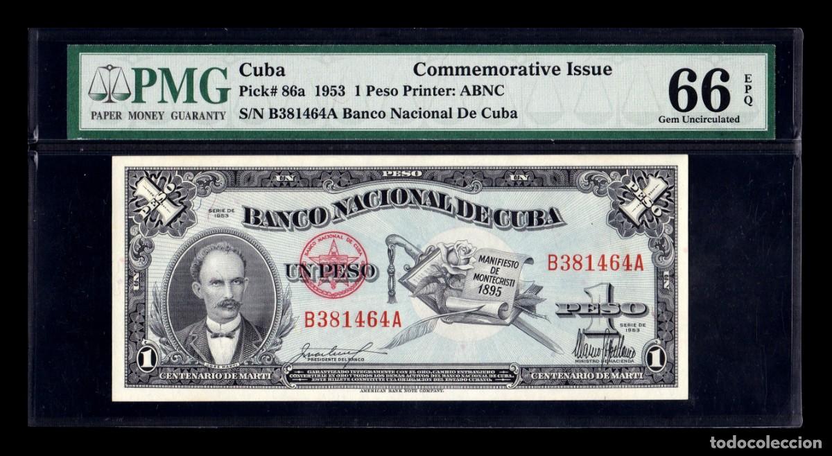 Billetes extranjeros: Cuba 1 Peso Conmemorativo Jos&eacute; Mart&iacute; 1953 Pick 86 PMG 66 EPQ Sc Unc