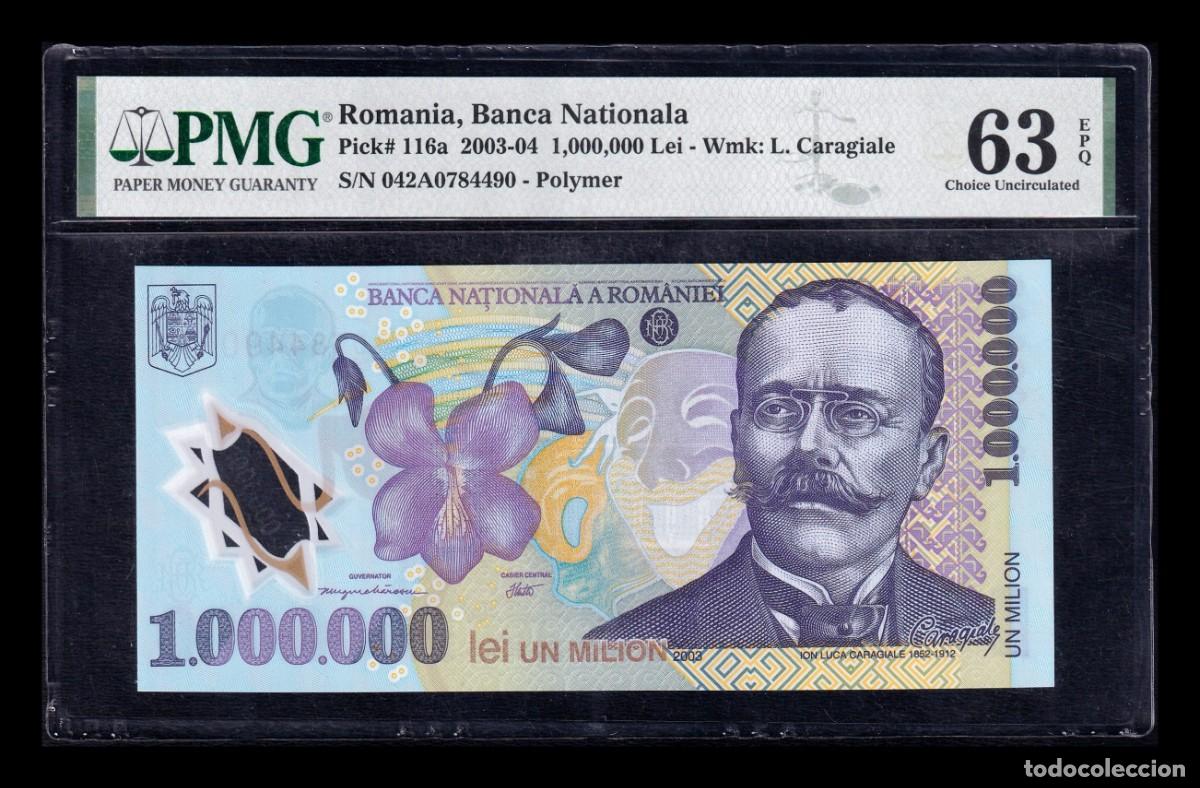 Billetes extranjeros: Rumania 1000000 Lei Ion Luca Caragiale 2004 Pick 116b Pol&iacute;mero PMG 63 EPQ Sc- aUnc