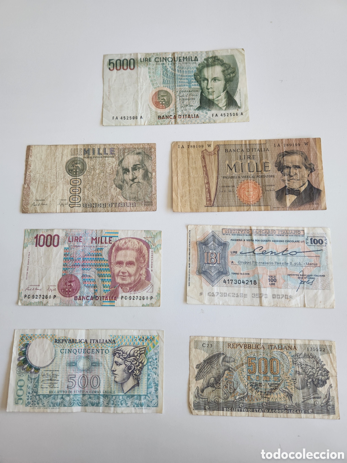 Billetes extranjeros: Lote 6 Billetes Antiguos de Italia + 1 Miniassegno (Liras)