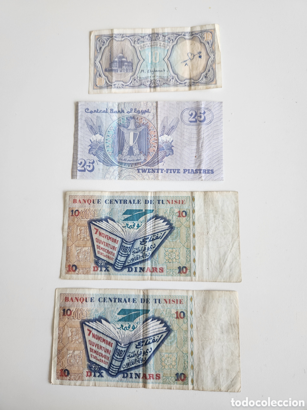 Billetes extranjeros: Lote de 4 Billetes del Norte de &Aacute;frica: Egipto y T&uacute;nez (Usados / Circulados)