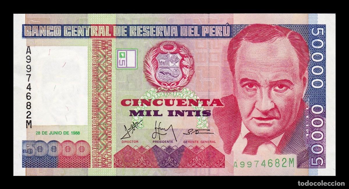 Billetes extranjeros: Per&uacute; 50000 Intis Victor Ra&uacute;l Haya de la Torre 1988 Pick 142 Sc Unc