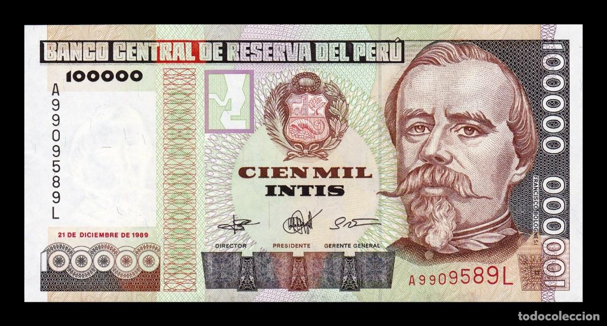Billetes extranjeros: Per&uacute; 100000 Intis Francisco Bolognesi 1989 Pick 145 Sc Unc
