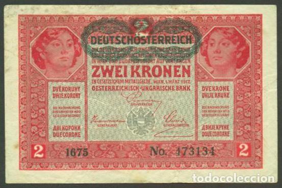 Billetes extranjeros: AUSTRIA. 2 kronen S/F (1919). Pick 50. Con resello verde DEUTSCHOSTERREICH.