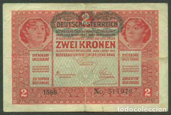 Billetes extranjeros: AUSTRIA. 2 kronen S/F (1919). Pick 50. Con resello verde DEUTSCHOSTERREICH.