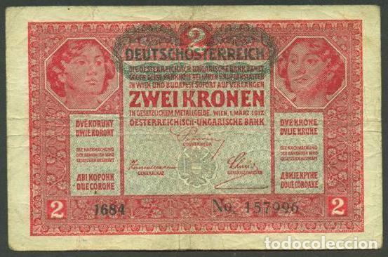 Billetes extranjeros: AUSTRIA. 2 kronen S/F (1919). Pick 50. Con resello verde DEUTSCHOSTERREICH.