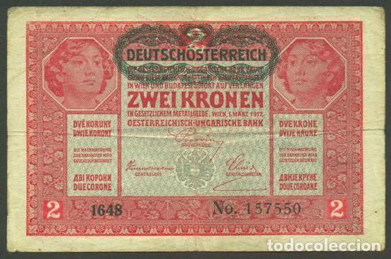Billetes extranjeros: AUSTRIA. 2 kronen S/F (1919). Pick 50. Con resello verde DEUTSCHOSTERREICH.