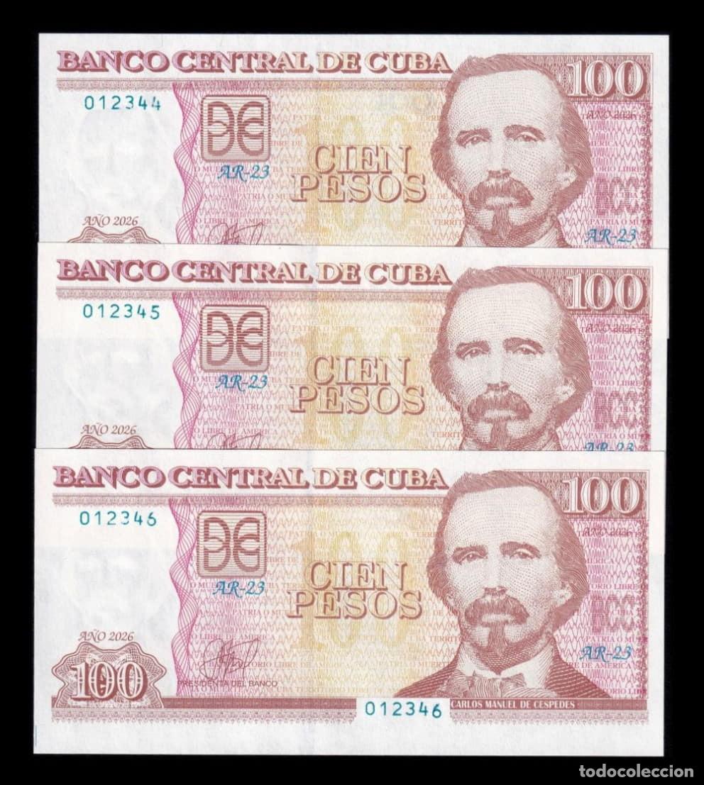 Billetes extranjeros: Cuba Set 3 billetes 100 Pesos 2026 Pick 124c Nuevo Numeraci&oacute;n en escalera Sc Unc