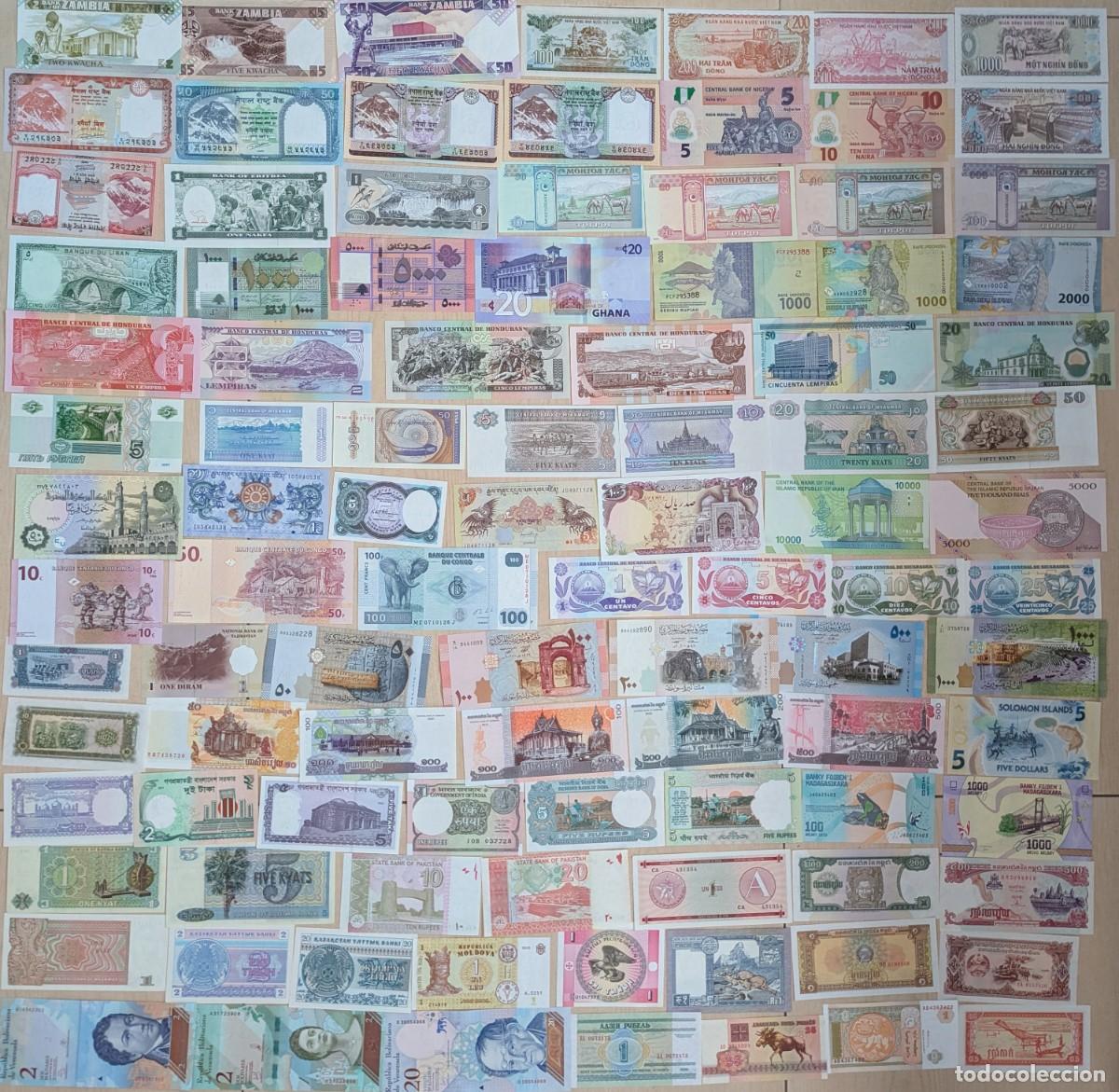 Billetes extranjeros: Lote de 100 billetes mundiales nuevos y diferentes
