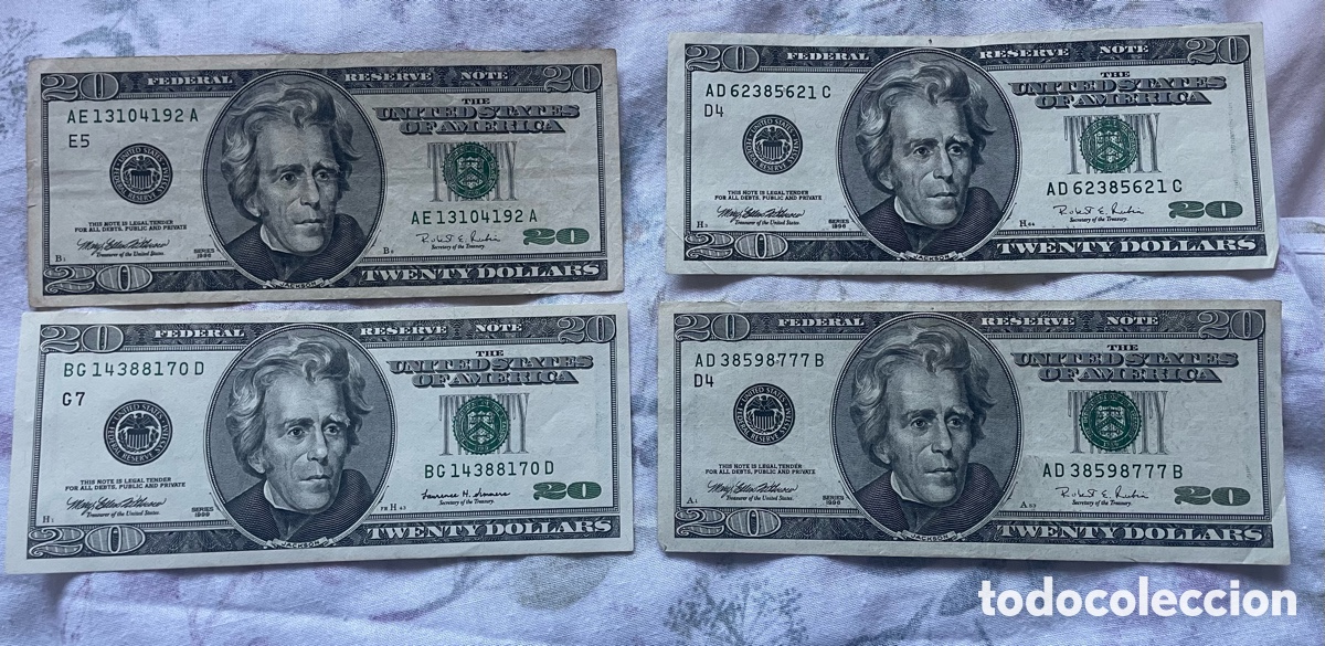 Billetes extranjeros: 4 Billetes Vintage de 20 D&oacute;lares USD (Series 1996 y 1999)