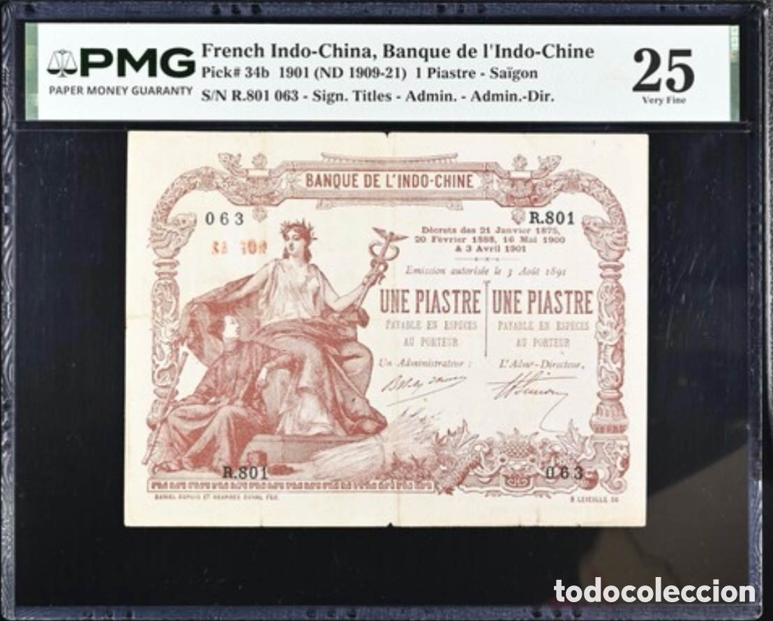 Billetes extranjeros: Billete French Indochina 1 Piastre Saigon 1909 PMG 25 Pick 34b