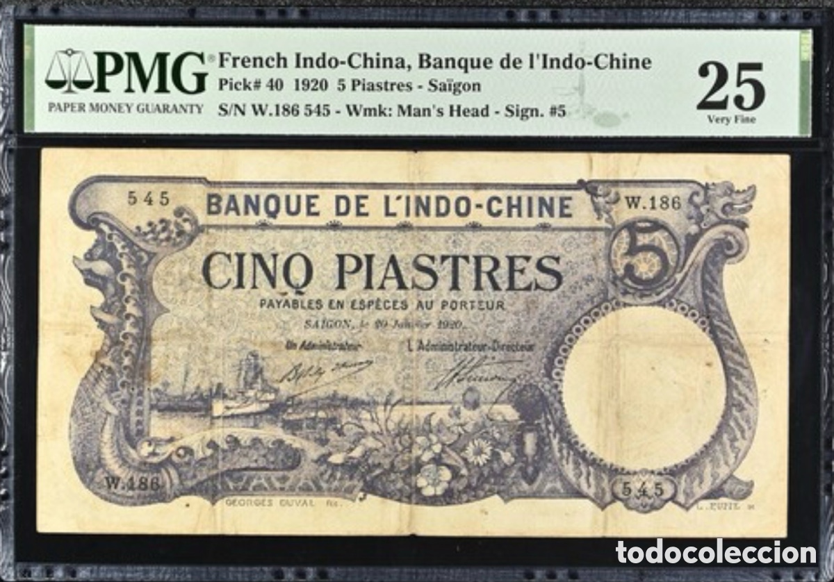 Billetes extranjeros: Billete French Indochina 5 Piastres Saigon 1920 PMG 25 Pick 40