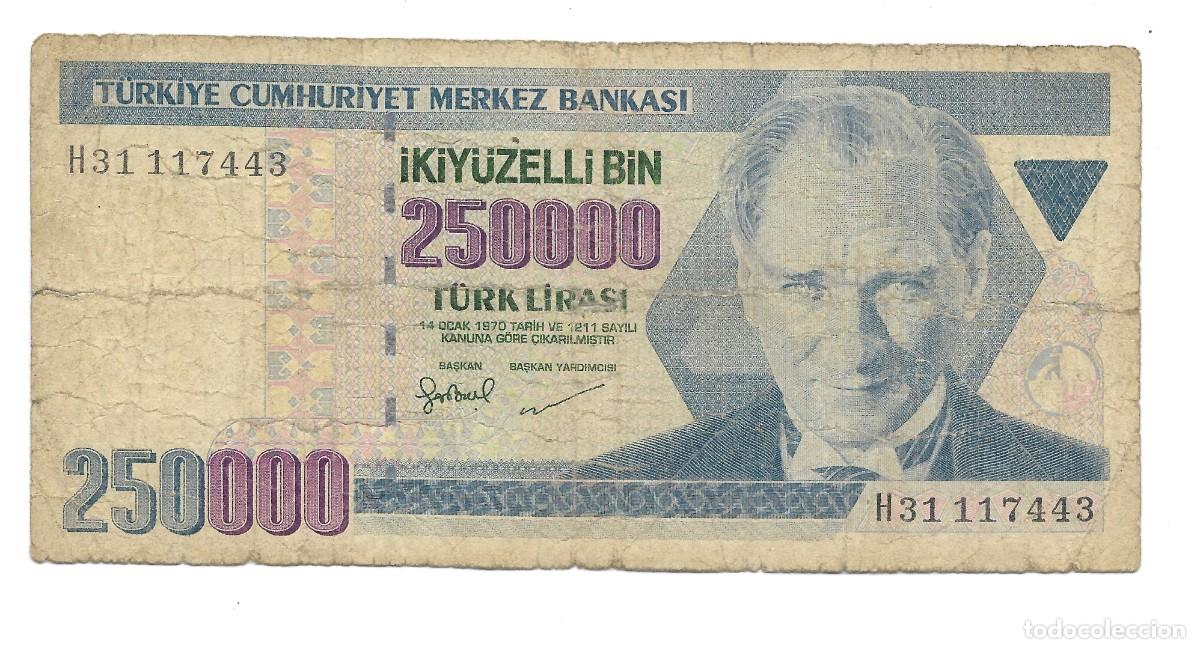 Billetes extranjeros: Billete 250.000 Liras Turqu&iacute;a 1998 F