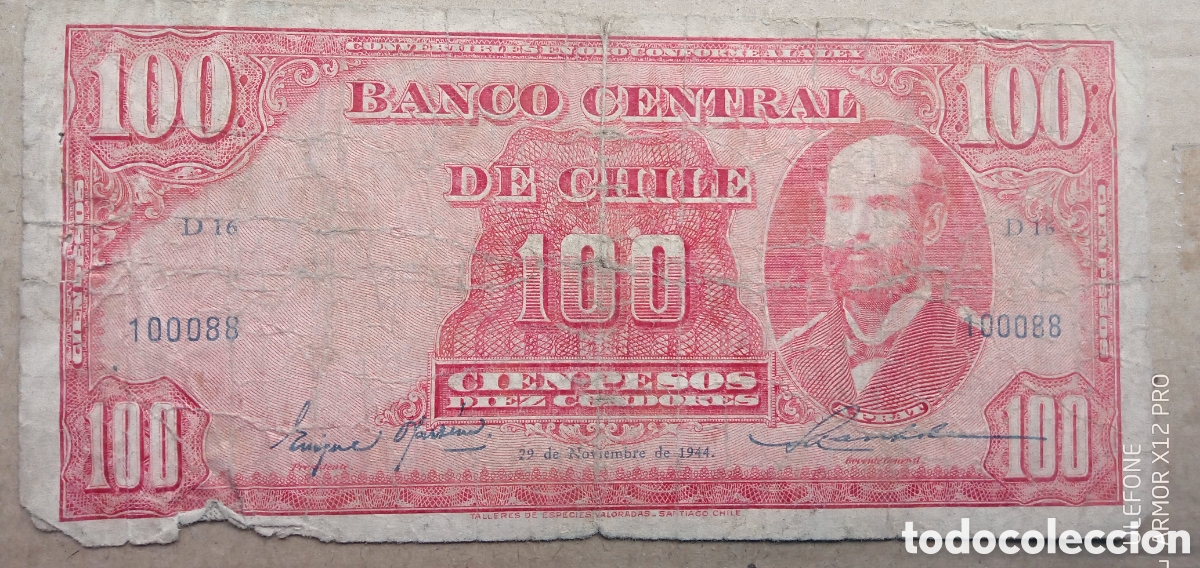 Billetes extranjeros: Chile 100 Pesos / 10 C&oacute;ndores 29-11-1944 - mal estado.