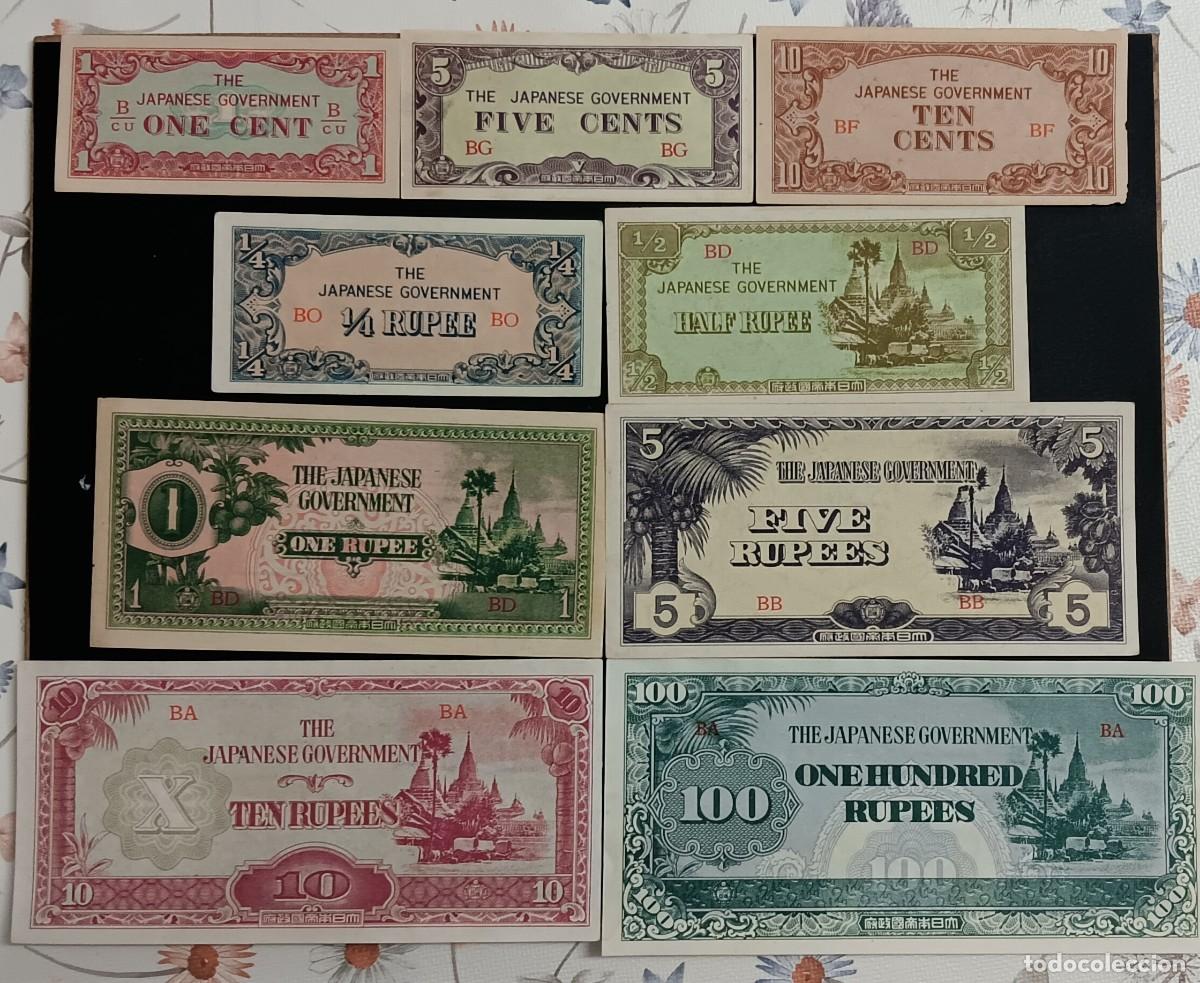 Billetes extranjeros: MYANMAR(BIRMANIA)1,5,10 CENTS. 1/4,1/2,1,5,10,100 RUPIAS 1942-44 MBC Y S/C P=9 AL 17 II GM